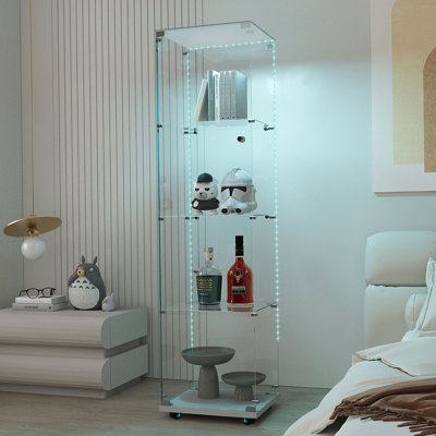 Versatile Tempered Glass Display And Storage Cabinet With Bluetooth LED Light Strip And Door Lock, Suitable For Multiple Rooms