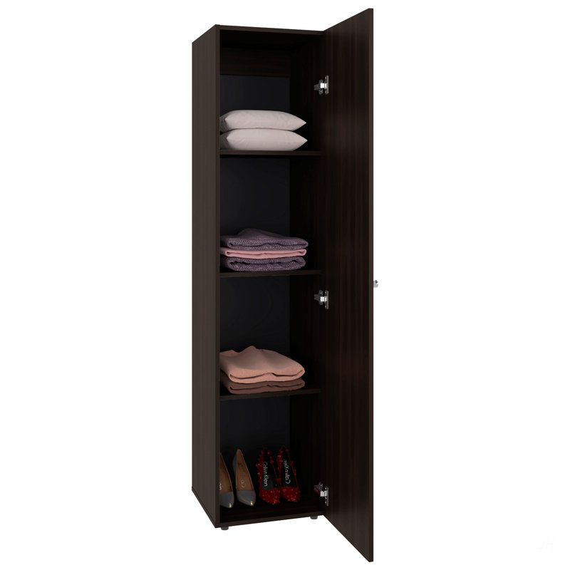 Armoire de rangement avec miroir et porte sur 4 tablettes S baie, design moderne, noyer, Noyer
