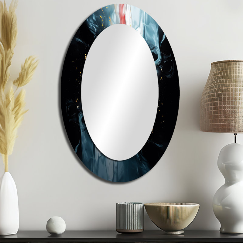 Jaune et bleu réimaginé réalités - Miroir mural jaune moderne ovale, 36 po x 24 po