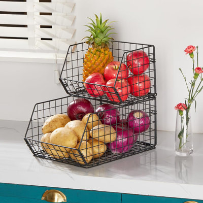 Panier de fruits empilable à 2 niveaux pour comptoir, bac à pommes de terre et à oignons - Panier à légumes pour la cuisine, panier en fil métallique pour les garde-manger