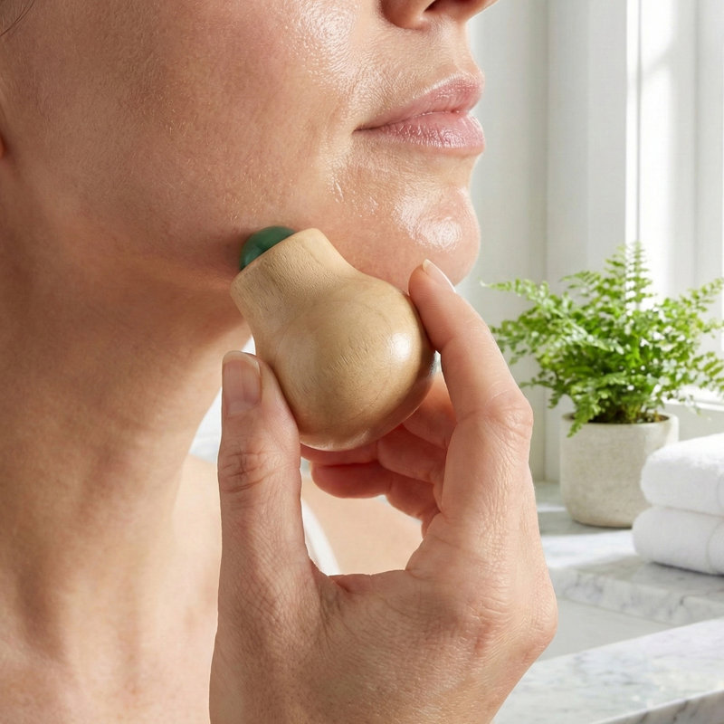 Rouleau de massage naturel en bois avec pierre de jade verte