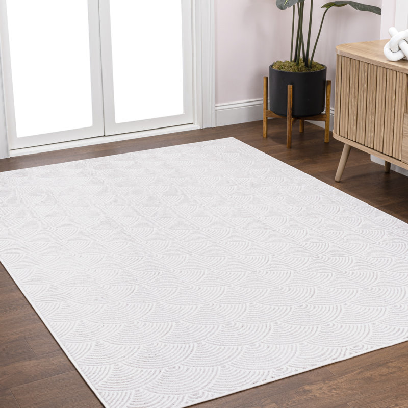 Simsbury Geometric Art Deco Fan Pattern High-Low White/Light Gray Rug, Rectangle 7'9" x 10'