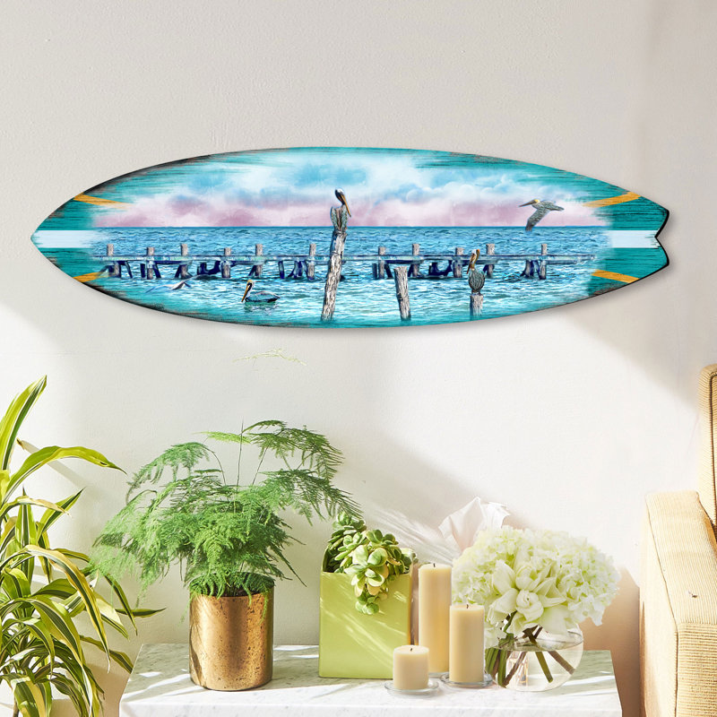 Décoration murale planche de mer en bois pélicans oiseaux de mer, H 7 po x l 24 po x P 1 po