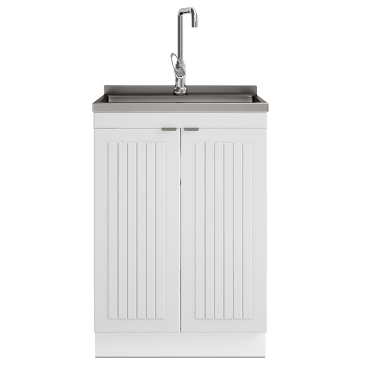 24 White Laundry Utility Cabinet w/ Stainless Steel Sink and Faucet Combo