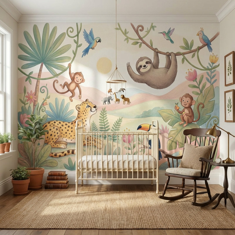 Jungle Wallpaper Animals Tropical Wall Mural, 120"x96", Non-Woven Nonpasted