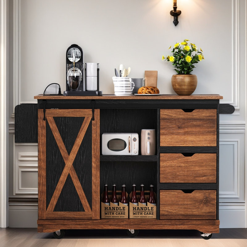 55.5" Wide Kitchen Island With Extendable Tabletop, Black/Brown
