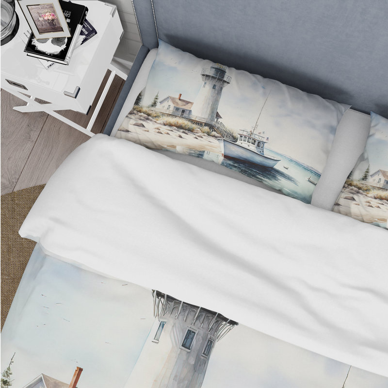 Bateau de pêche et phare I - ensemble de housse de couette de plage - microfibre de polyester
