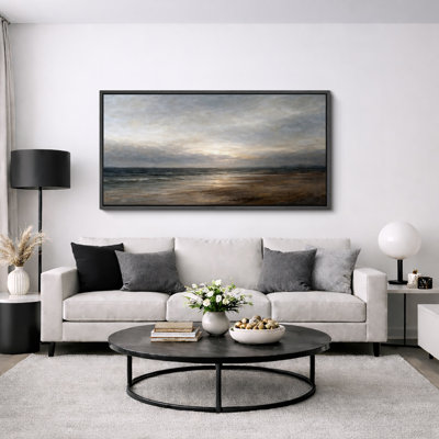 «Moody Beach Sunset Coastal Landscape Neutral Ocean», très grande impression sur toile