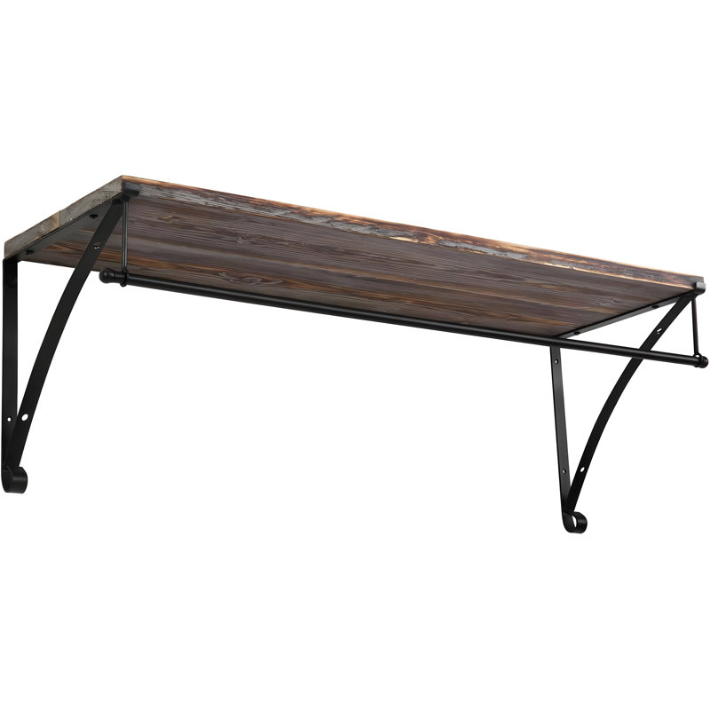 Wall Mounted Wood Shelving Unit With Metal Clothes Hanging Rod And Floating Display Shelf For Home Or Retail Storage