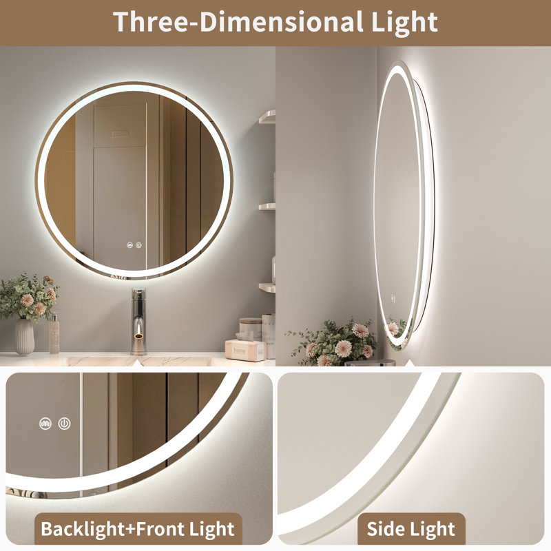 Round LED Mirror 3 Colors & Brightness Adjustable with Anti-Fog, 24" x 24"