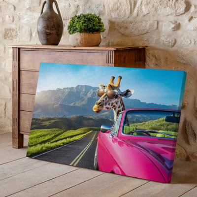 Canvas A Whimsical Scene Featuring A Giraffe Wearing Stylish Sunglasses Peering Wall Art Out From The Driver S Seat Of A Vibrant Pink Canvas Wall Art