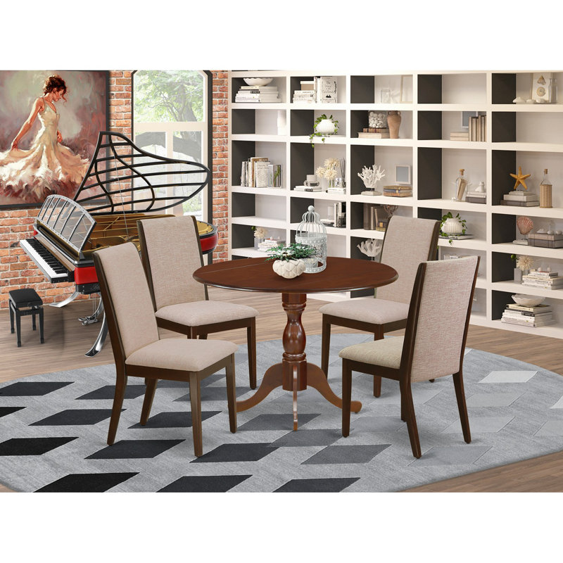 5 Piece Kitchen Table Set for 4 Includes a Round Dining Room Table with Dropleaf and 4 Light Tan Linen Fabric Upholstered Chairs, Mahogany;