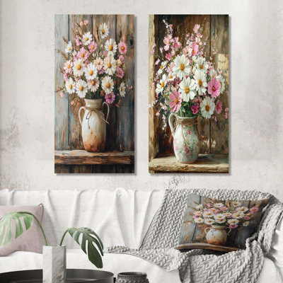 «Farm Daisies Bouquet into a Milk Vase I» - ensemble de 2 reproductions d'art mural en métal