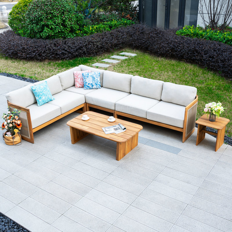 Ensemble de conversation d'extérieur modulaire pour patio en acacia 6 pièces avec coussins