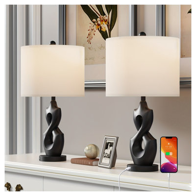 Ensemble de 2 lampes de table modernes en céramique avec port USB, lampes de chevet à intensité variable (3 niveaux) avec abat-jour en tissu blanc pour chambre, salon ou bureau (ampoules non comprises)