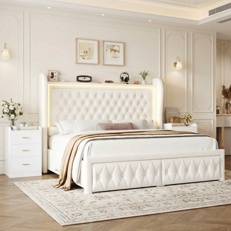 3-Piece Bedroom Set, Upholstered Bed with 2 Nightstands with 3 Drawers&USB Charging,Compact Size Doubles as Side Tables, King