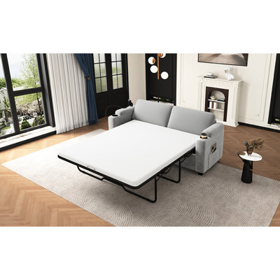 Lit en velours côtelé gris avec matelas pour lit double, 2 tablettes, porte-gobelets, pochettes de rangement latérales, support pour téléphone, abris de style, style classique pour le salon,