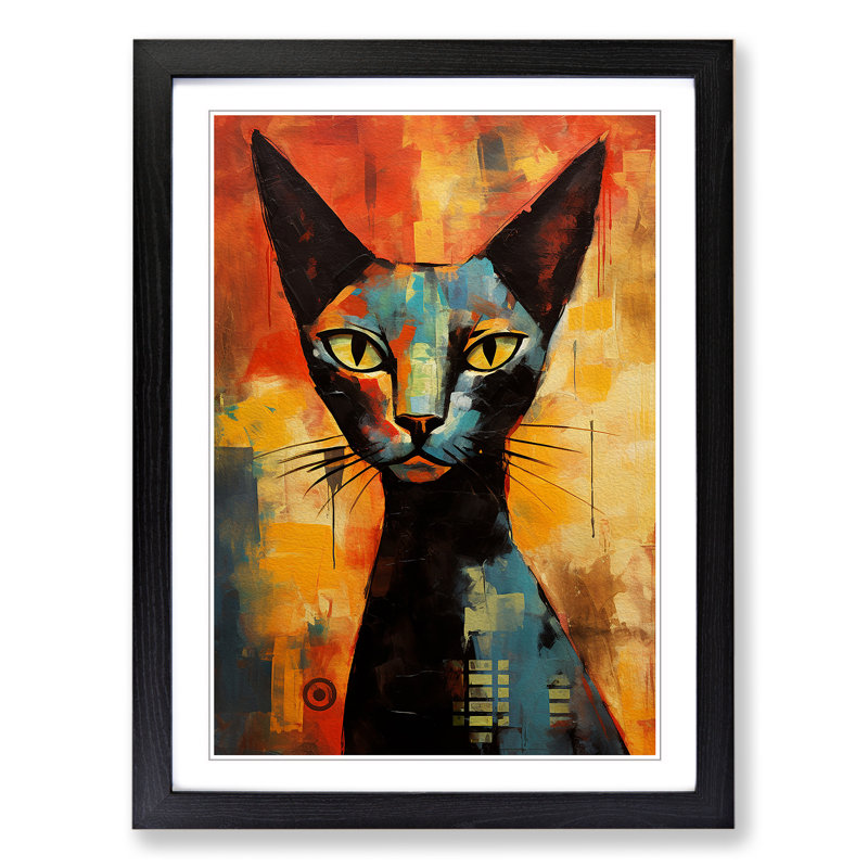Egyptian Cat Gestural - Single Picture Frame Print on Wood, Black Framed, 64cm H x 46cm W
