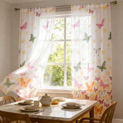 4-Pack Butterfly Print Sheer Voile Curtains Light Filtering Window Panels Simple Fresh Style Semi-Transparent Gauze Curtain for Living Room Bedroom Balcony Easy Care Machine Washable 100x200cm/39.37x78.74in