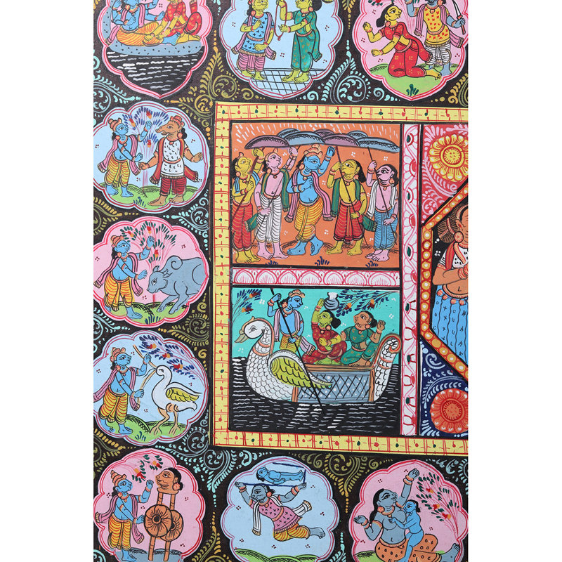 «Krishna with Gopis Pattachitra», peinture sur toile par Purna Chandra, décoration murale H 24 po x l 40 po Odisha