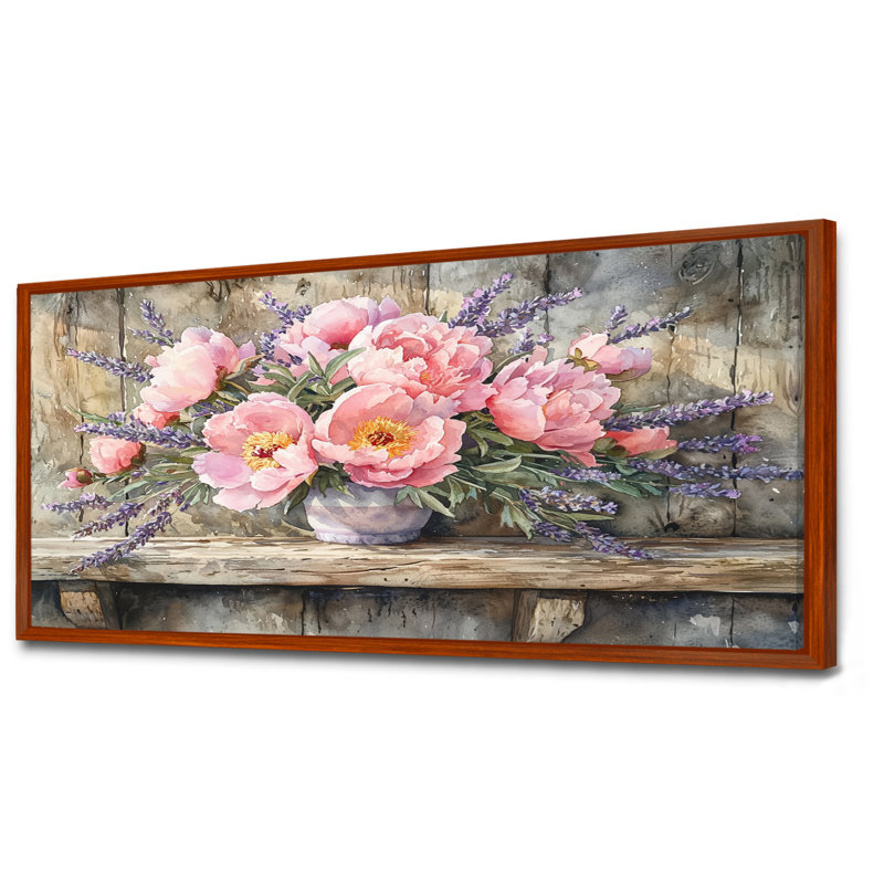 Iryna pivoines et lavande Bouquet II - pivoines, art mural, Brun, H 28 po x l 60 po, Impression encadrée flottante