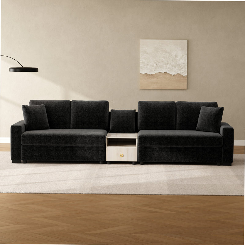Canapé modulaire en chenille de 127,9 po avec accoudoirs de rangement et console centrale pour le salon, Black Chenille