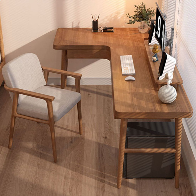 Bureau d'écriture brun en L en bois massif avec 3 tiroirs, H 29,53 po x l 55,12 po x P 39,37 po, Retour à gauche