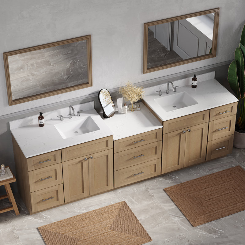 Plateau de meuble-lavabo double en bois massif avec tiroir à queue d'aronde et comptoir Carrara, Chêne naturel, 103"