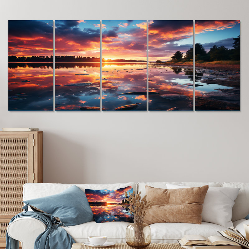 «Horizon Sunset By The Lake I - Lake», art mural 5 pièces, H 32 po x l 80 po