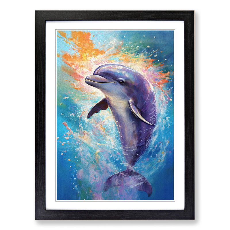 Dolphin Impressionism - Single Picture Frame Print on Wood, 64" H x 46" W x 2" D, Black
