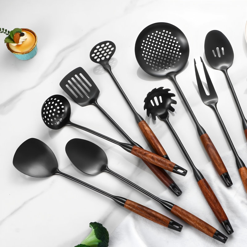 Ensemble d'ustensiles de cuisine ovales en acier inoxydable, 10 pièces avec manche en bois