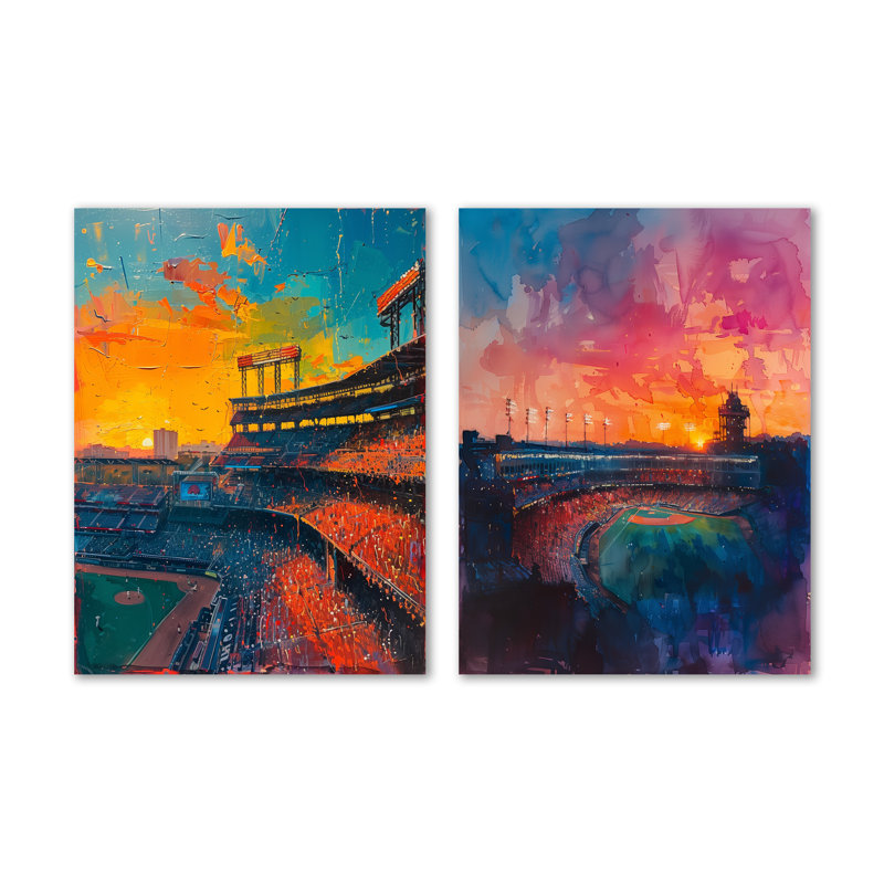 Coucher de soleil sur le stade de baseball I - ensemble de 2 reproductions d'art mural en métal, H 32 po x l 48 po