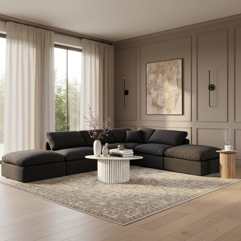 Canapé modulaire de coin rembourré 6 pièces Itala, Tissu texturé en lin noir