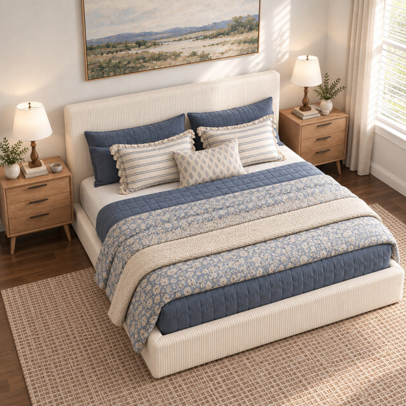 Cadre de lit King capitonné, coussin nuage en velours côtelé doux, bord rembourré de 22 cm d'épaisseur, design sans cadre, crème