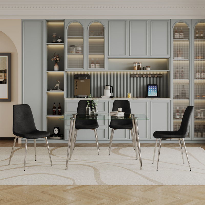 Glass Top Four Leg Dining Set, Black/Silver, 5 Pieces: Table, 4 Chairs, 29.5" H x 31.4'' L x 51.2'' W