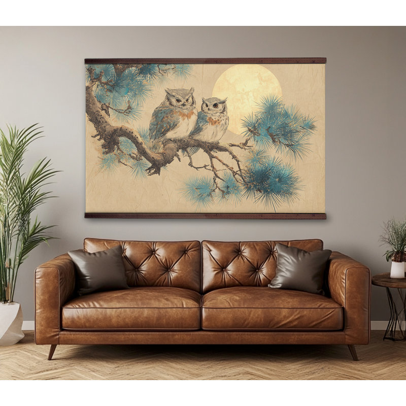 Tapisserie d'art extra large chouettes sur une branche, H 32 po x l 48 po