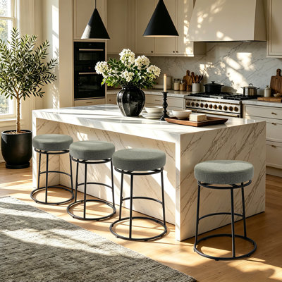 Tabouret de bar pivotant sans dossier moderne, tabouret de bar rond rembourré en lin mélangé avec structure en métal
