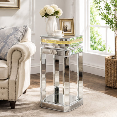 Modern Mirrored End Table with LED Light, Crushed Diamond Side Table with 24" Octagonal High Base, for Living Room, Bedroom and Office, Sliver