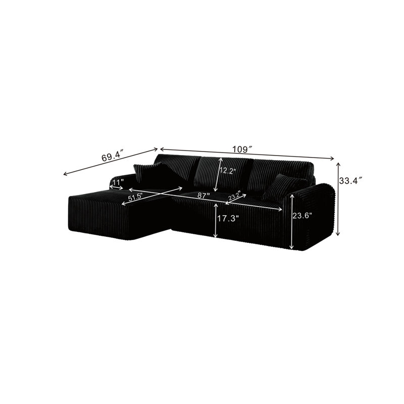Canapé modulaire 109 po avec méridienne en forme de L et canapé modulaire 109 po., Noir
