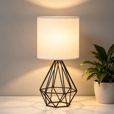 Lampe de chevet moderne noire 14,2 po RAINBEAN, petite lampe de table de chevet avec base en métal géométrique et abat-jour en tissu blanc, lampe de bureau de style campagnard pour le bureau de la chambre à coucher