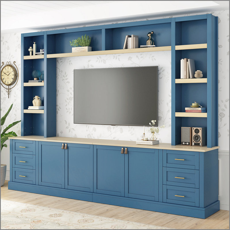 102.3" Wide Farmhouse Entertainment Center with Bookshelves, 4-Piece Wall Unit for 75" TVs, High-End Wood Texture Media Console with 6 Drawers