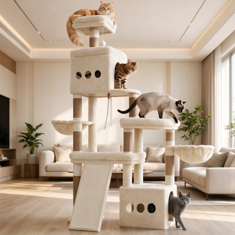 184cm Tall Anti-Tip Cat Tree Tower with Spacious Perches, All-in-One Cat Furniture for Large Cats, Multiple Interactive Areas & Extra-Large Sisal Scratching Board, Beige