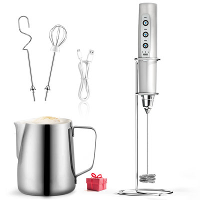 Stainless Steel Handheld Milk Frother with 13.5 Oz Frothing Pitcher Silver