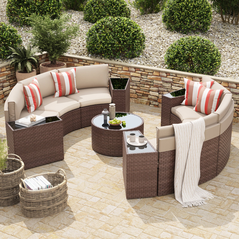 2-Piece Wicker Steel Outdoor Side Table with Tempered Glass Top, Black Top/Brown Base