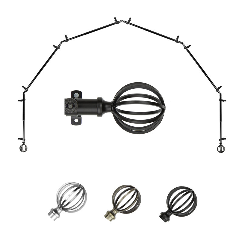 Burma Adjustable Bay Window Single Curtain Rod, Black, 28-48" (each side)