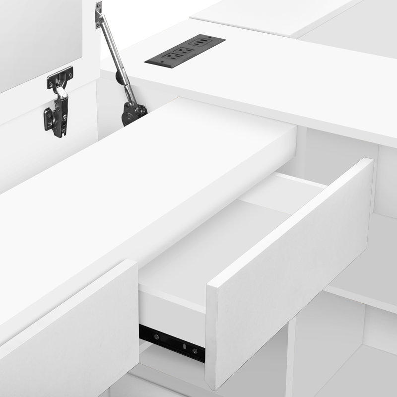 Lit double en bois blanc avec tablettes et grands tiroirs de rangement, Blanc
