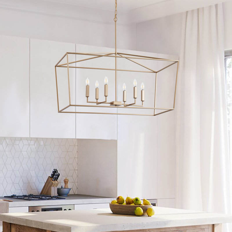 Lustre en cage pour îlot de cuisine 6 lumières E12 40W Cateleya, Or