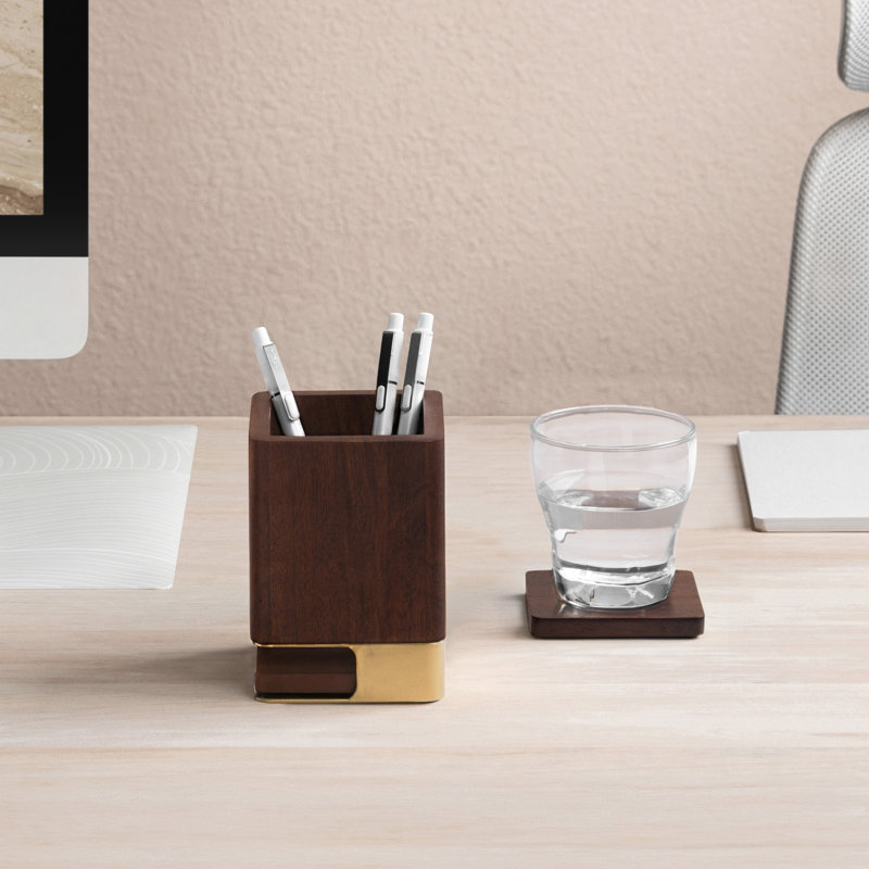 Porte-stylo en bois massif avec 2 sous-verres, Or / noyer
