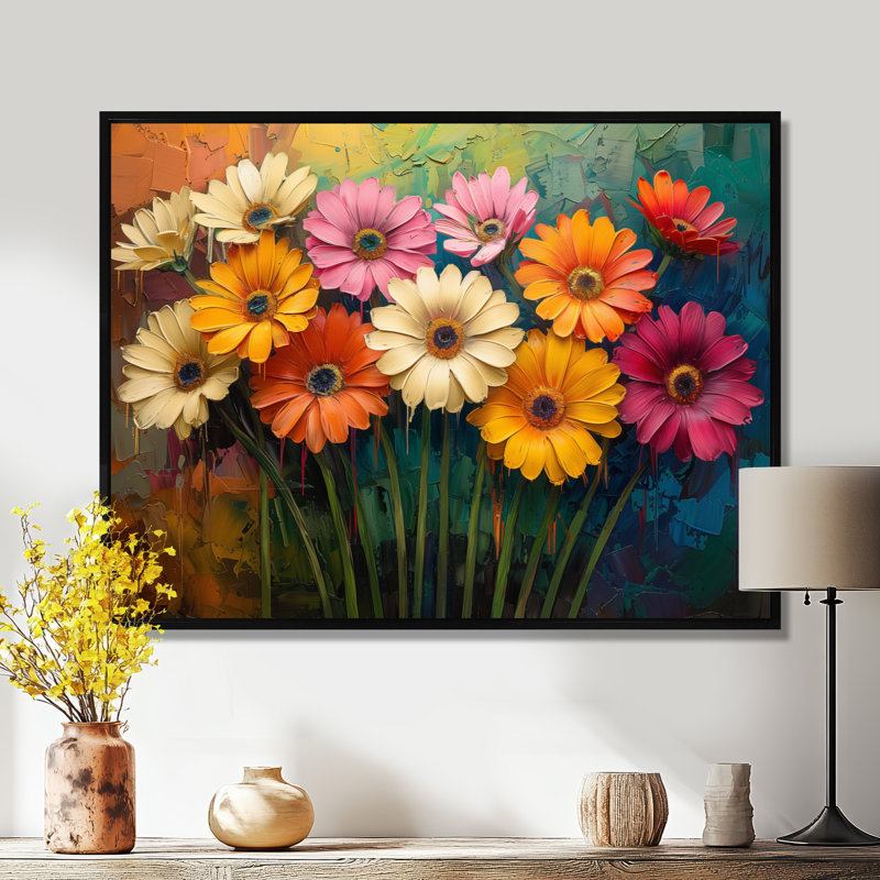 «Multicolor Garden Daisies Collage III - Daisies», reproduction d'art murale, Cadre flottant noir, H 16 po x l 32 po x P 1 po