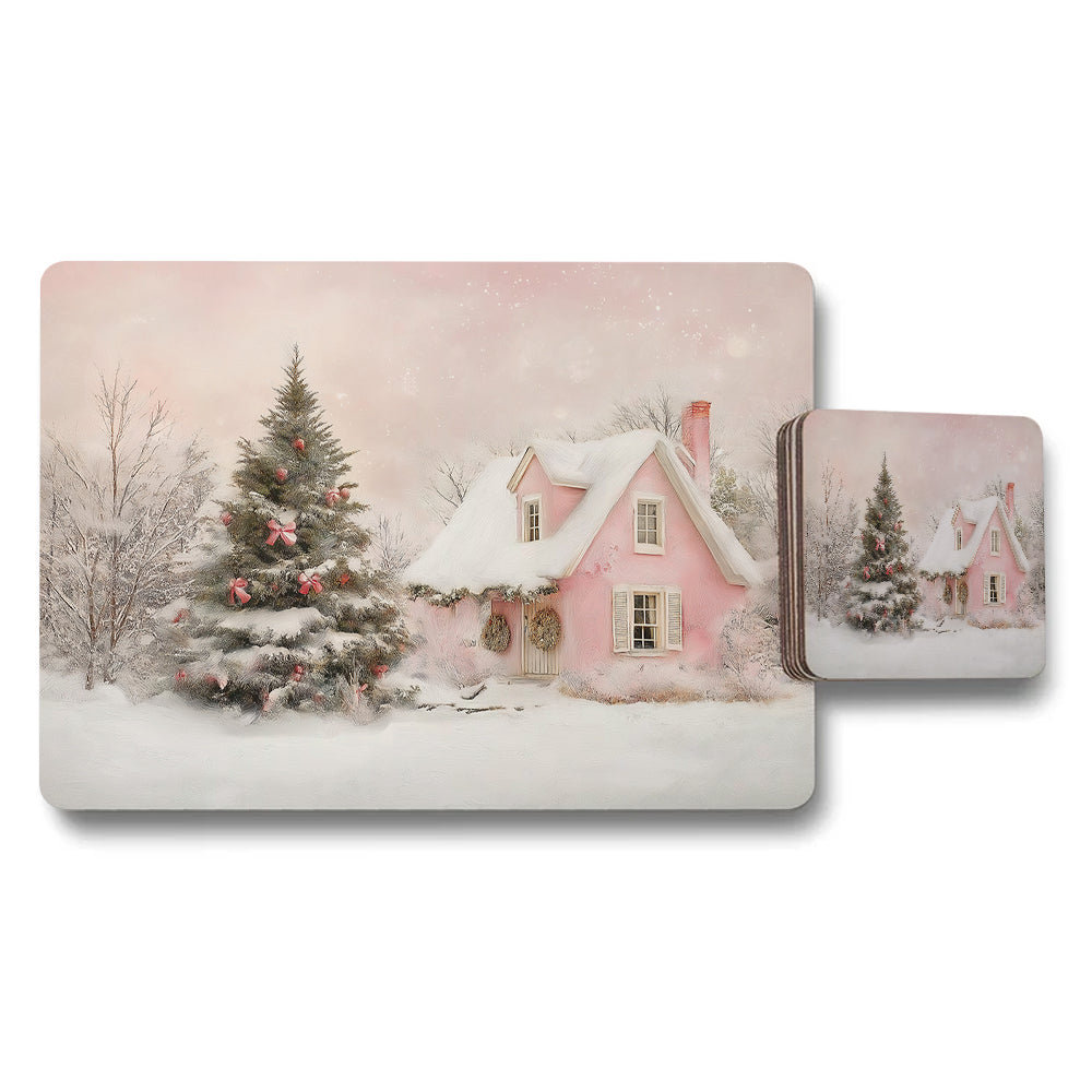 Pink Christmas Cottage Placemat and Coaster Set With Snowy Scene